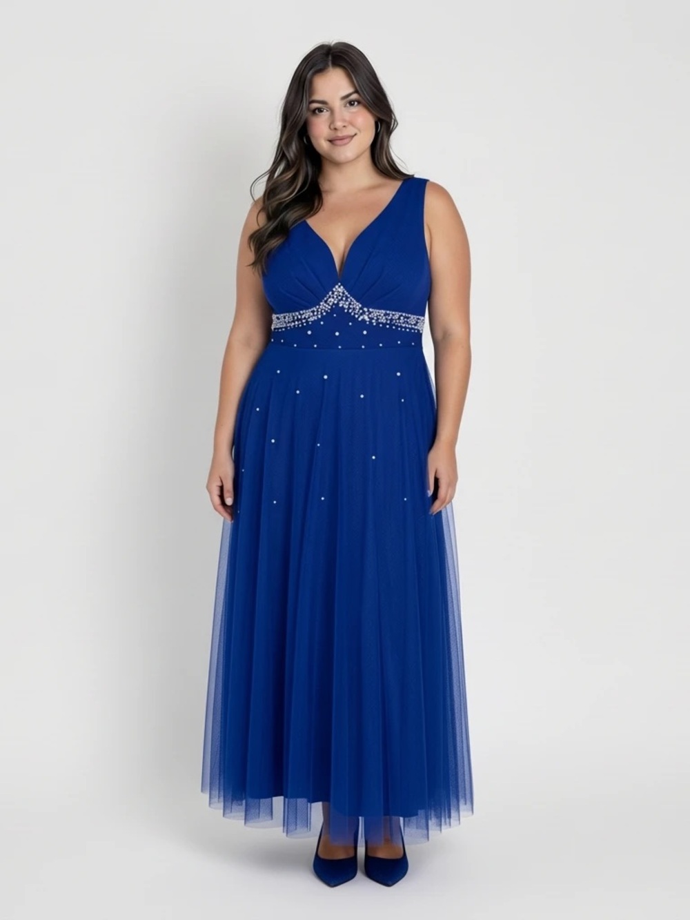 Royal Blue Pearl Embellished V-neck Tulle Maxi Dress Women’s Med Formalwear